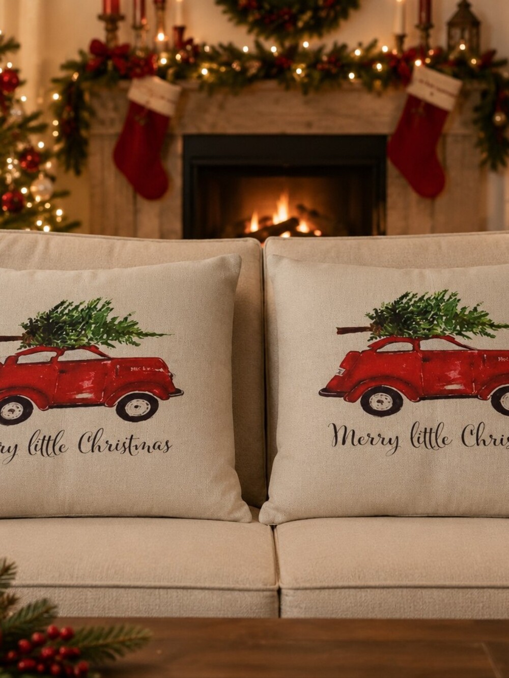 Set of 2 Christmas Red Truck Throw Pillow Covers Farmhouse Holiday Decor Merry